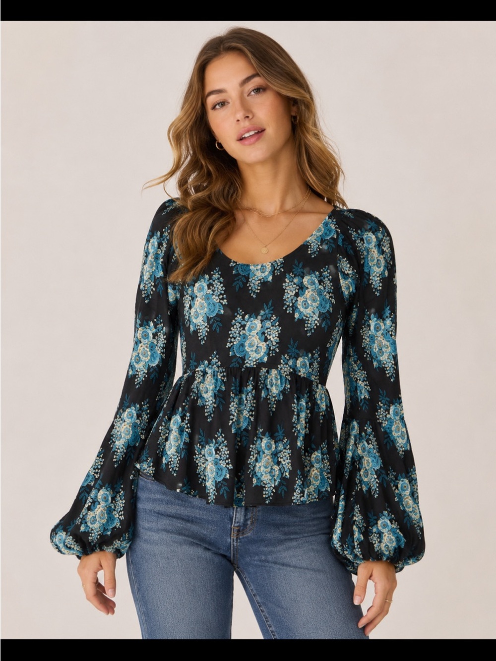 Free People Black Peplum Blouse with Teal Floral Print